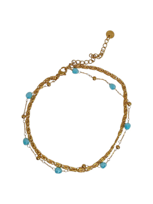 Cavigliera Gold Doppia Maglia Cristalli Turchesi