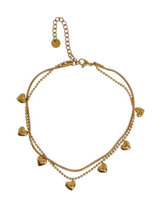 Cavigliera Doppia Maglia Cuori Gold