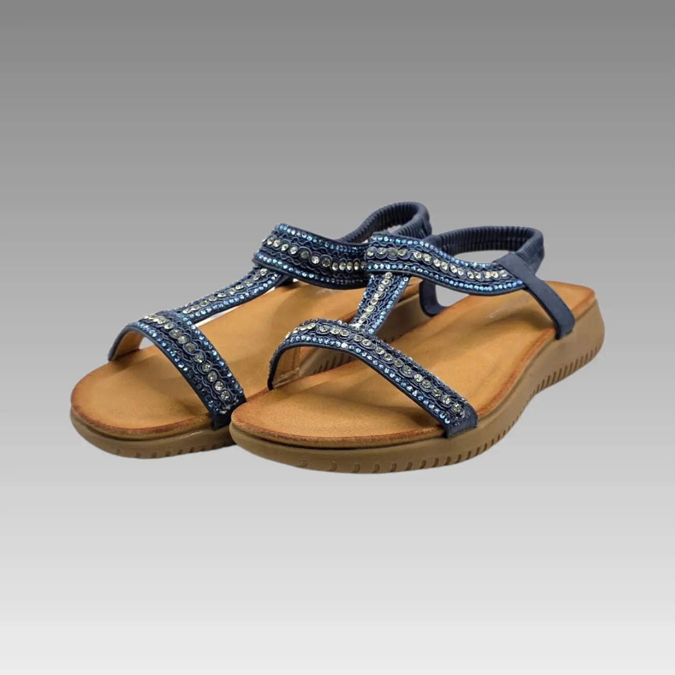 Sandalia T-Strap Denim Strass