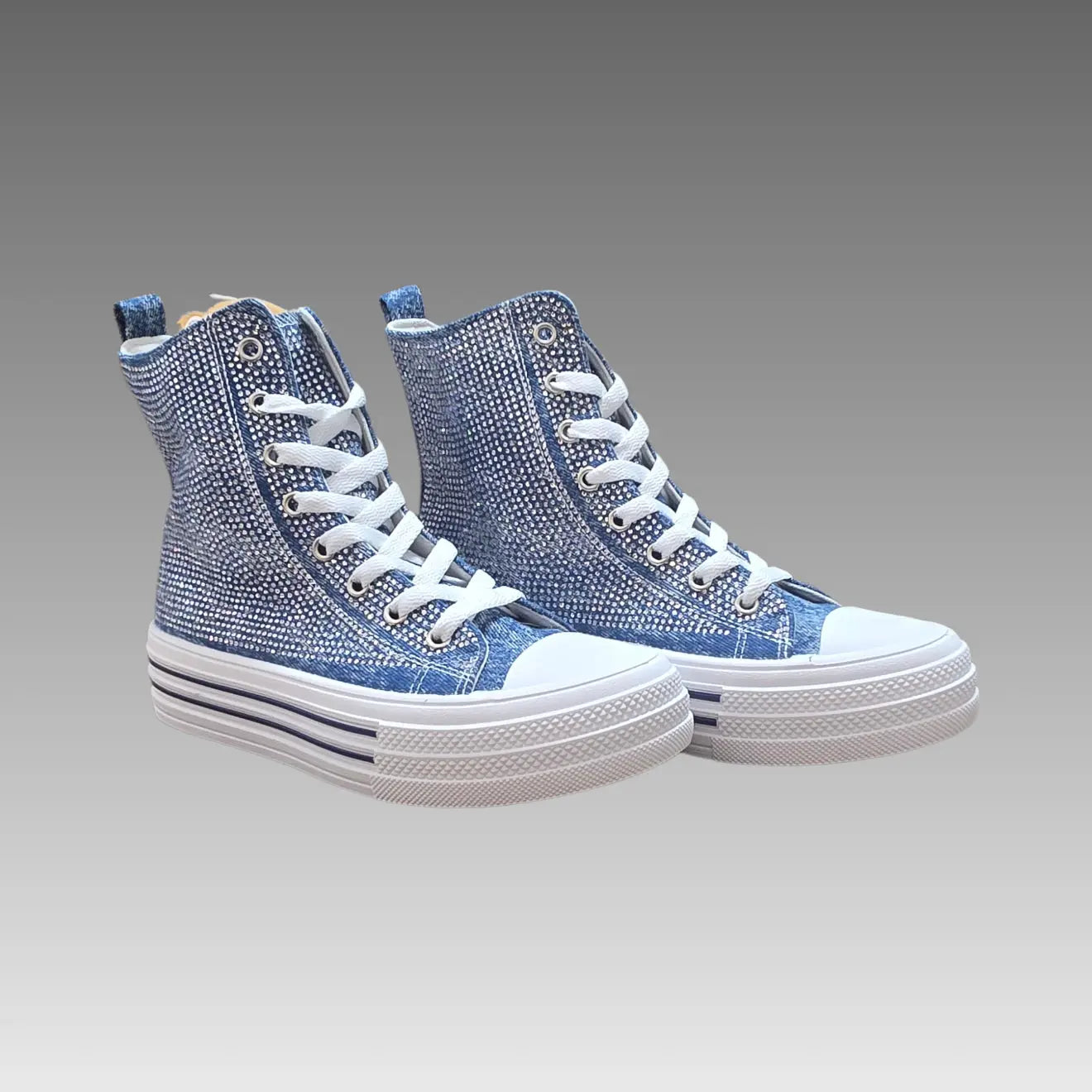 Sneakers Alte Platform Denim E Strass Splendi