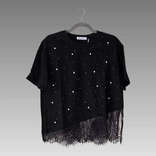 T-Shirt Con Pizzo E Perline