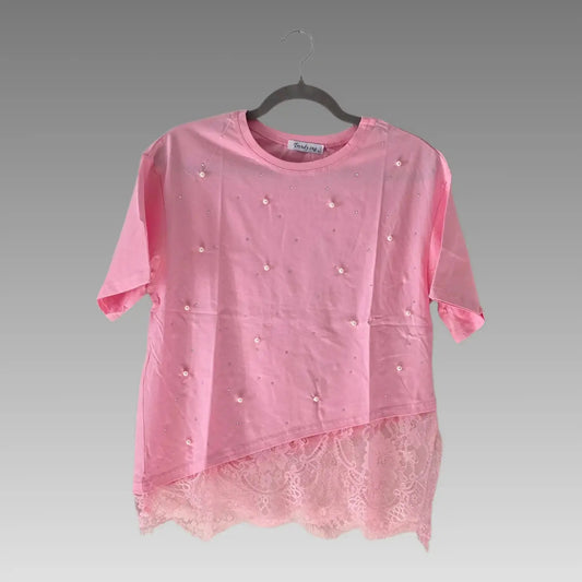 T-Shirt Con Pizzo E Perline